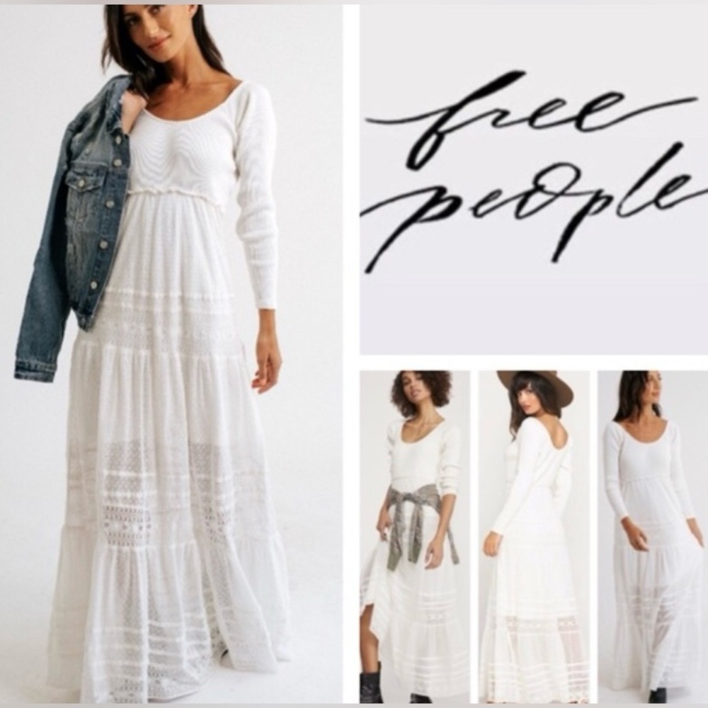 Free People White Long Sleeve Lace Tiered Maxi Dress
